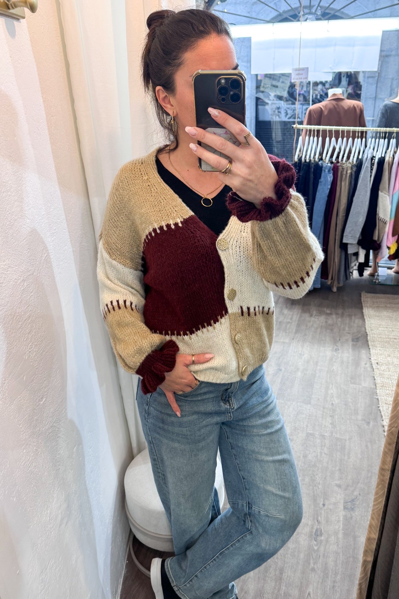 Gilet femme boutonné en maille Color block