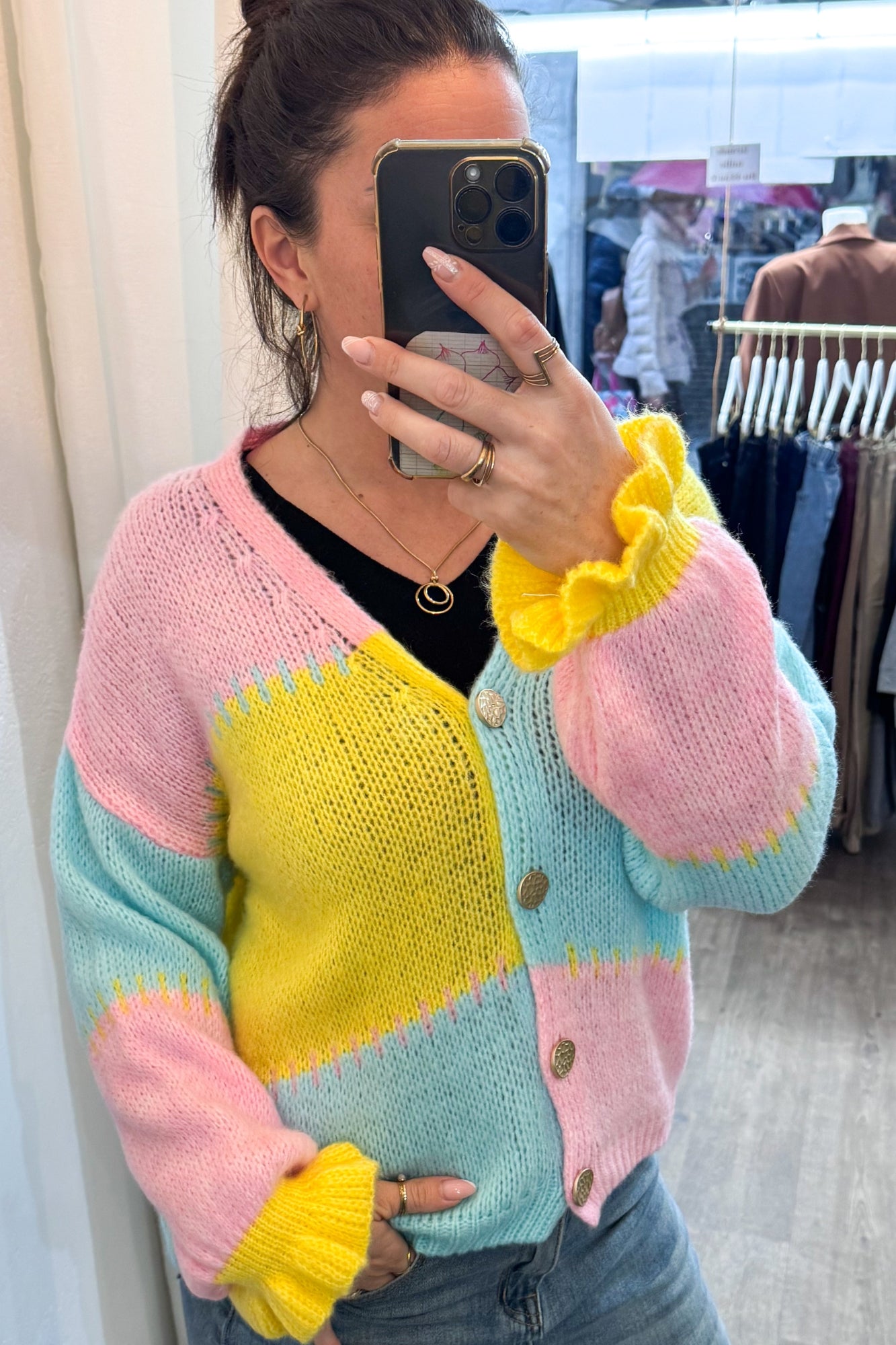 Gilet femme boutonné en maille Color block