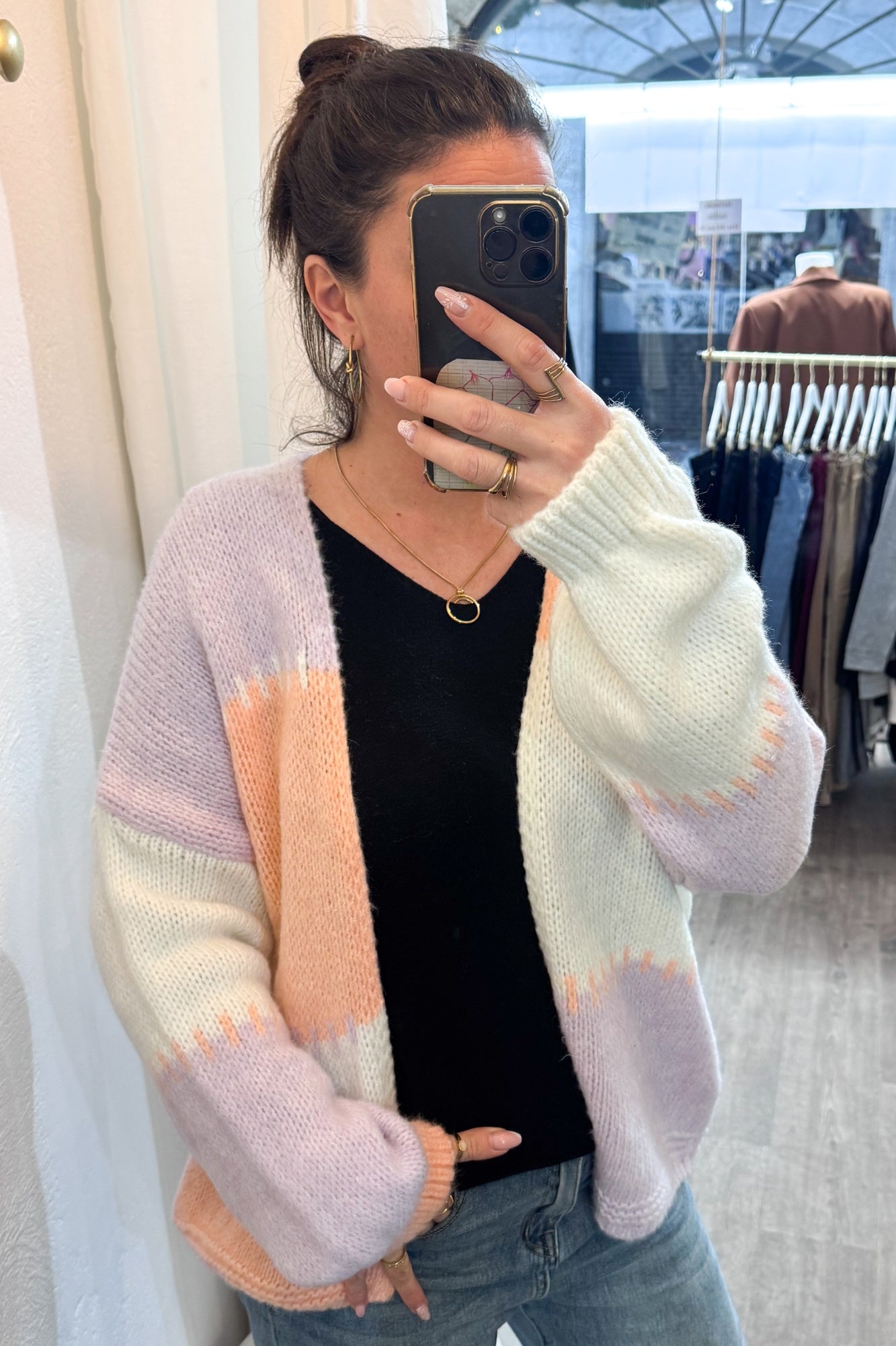 Gilet long femme en maille Color block