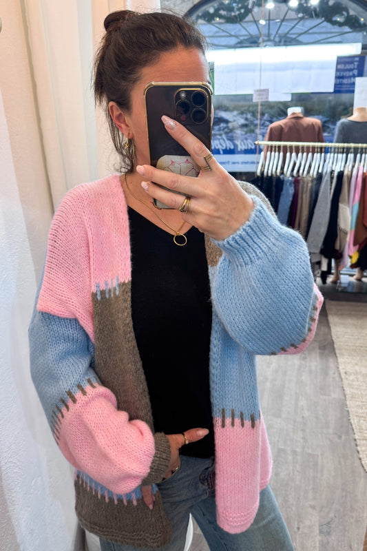 Gilet long femme en maille Color block