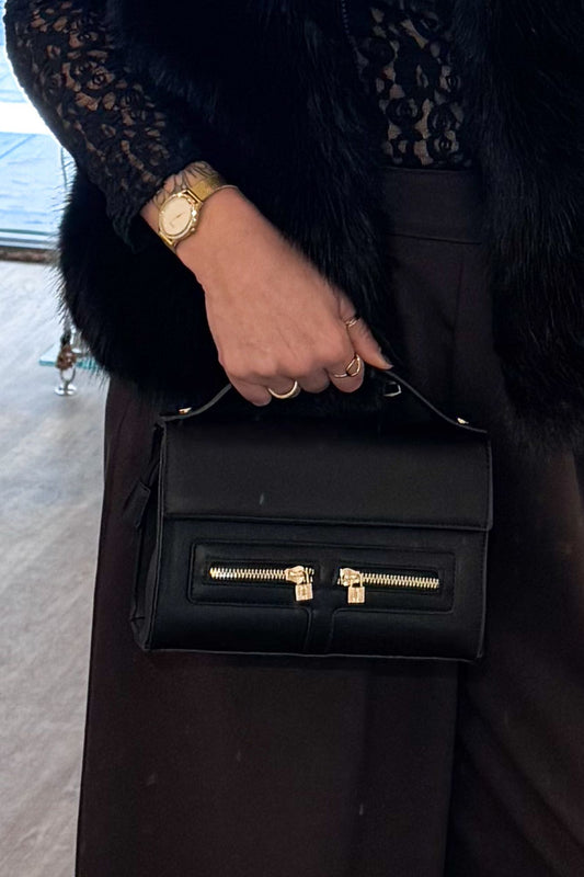 Sac à main noir chic à double zip doré